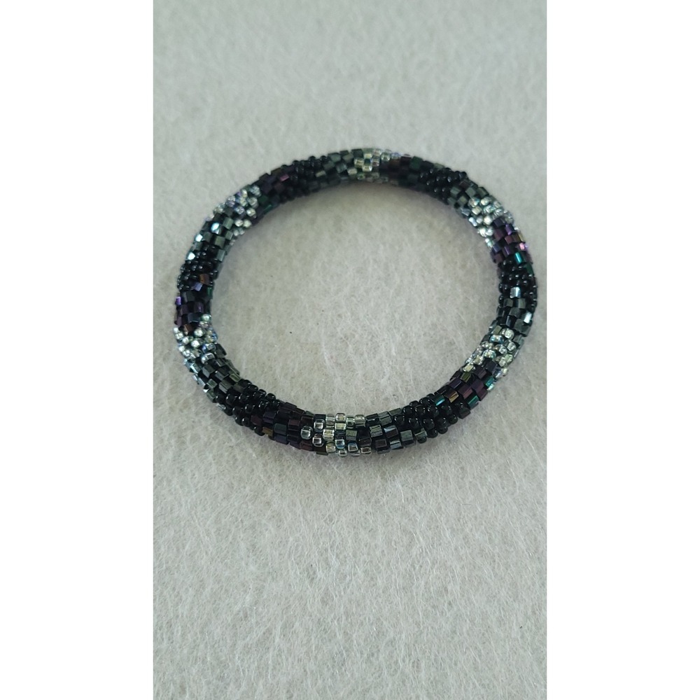 Handmade Roll On Seed Bead Bracelet Black Silver Geometric Boho Size 7